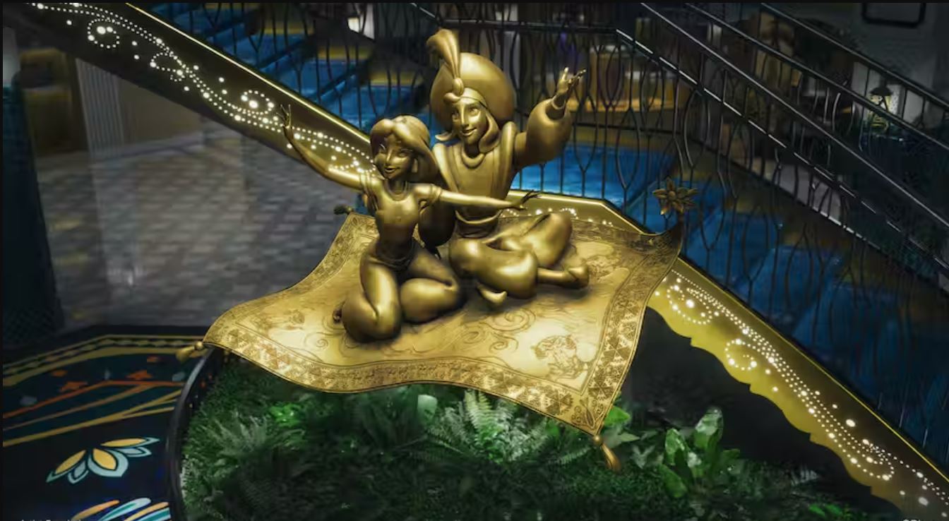 Aladdin flies over DIsney Treasure Grand Hall--Disney Cruises 