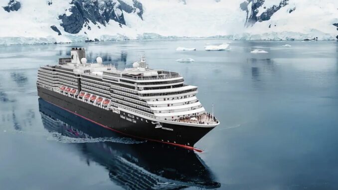 Large cruise ship sailing through icy Arctic waters with snow-covered cliffs in the background.