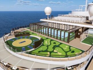 A cruise ship deck featuring a circular mini-golf course adjacent to a glass-walled lounge and a pool, with the ocean in the background, under a blue sky.