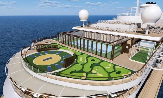 A cruise ship deck featuring a circular mini-golf course adjacent to a glass-walled lounge and a pool, with the ocean in the background, under a blue sky.